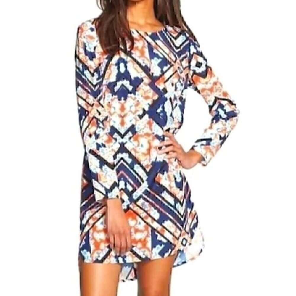 WAYF Red Blue Black Multi Floral Geometric Aztec Boho Long Sleeve Shift Dress XS